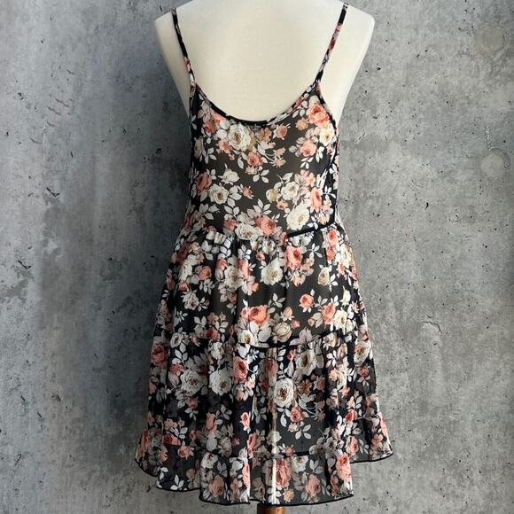 Poetry Size M Orange Black Floral Sheer Hi-Lo Trapeze Tunic Dress Y2K Fairycore - Picture 2 of 8